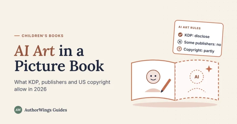 Illustration of an open picture book with a hand-drawn character on one page and a dashed AI outline on the other, next to an AI art rules card