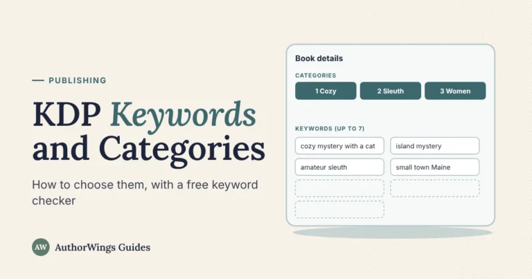 KDP keywords and categories: a book details form with three category slots and seven keyword boxes