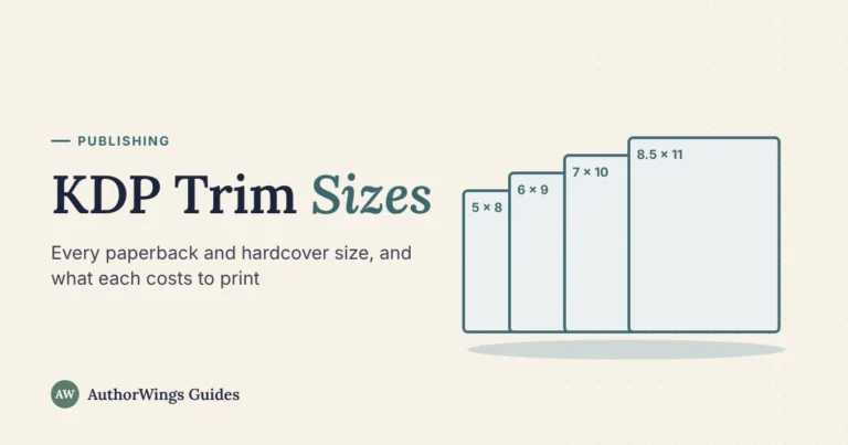 Four book pages drawn to scale, 5 x 8, 6 x 9, 7 x 10 and 8.5 x 11, beside the title KDP Trim Sizes