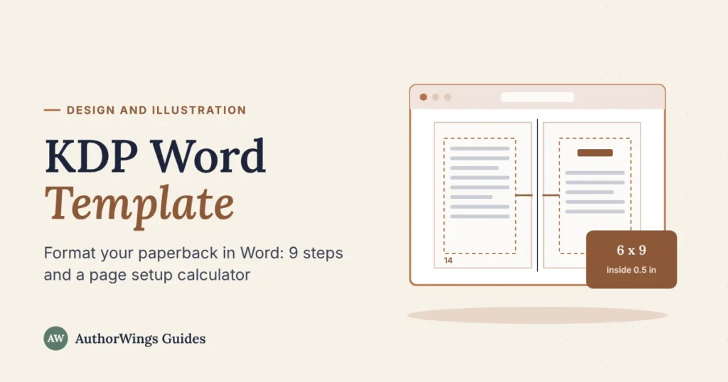 KDP Word Template guide image: a two-page paperback spread in a document window with dashed margins and a 6 x 9 trim size label