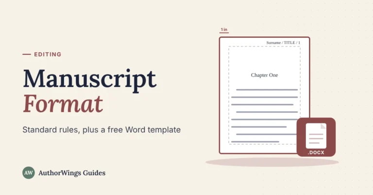 Manuscript Format guide cover: a manuscript page with a header, chapter title and 1-inch margin guides, next to a Word document icon