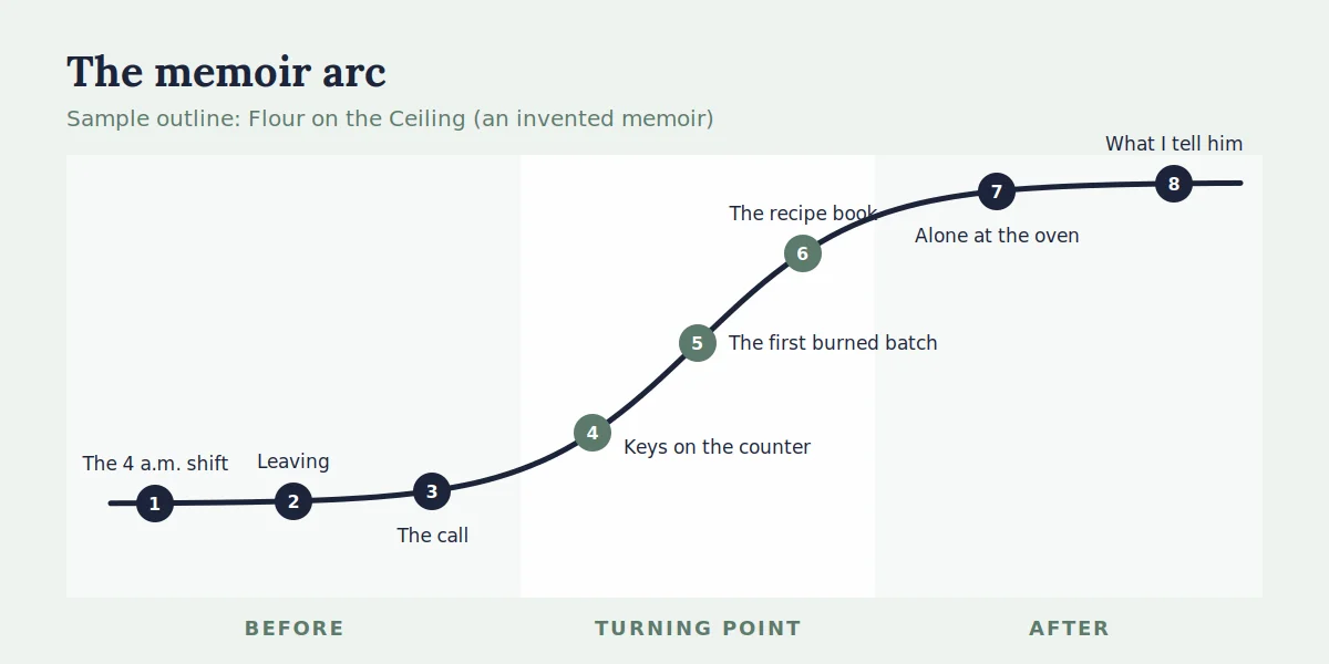 A rising line moves from Before through a Turning point to After, with eight sample memoir chapters placed along it