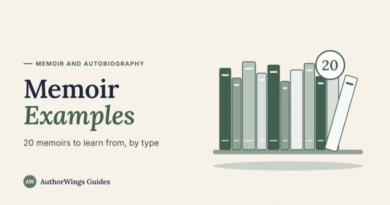 Memoir Examples guide cover: a shelf of twenty book spines