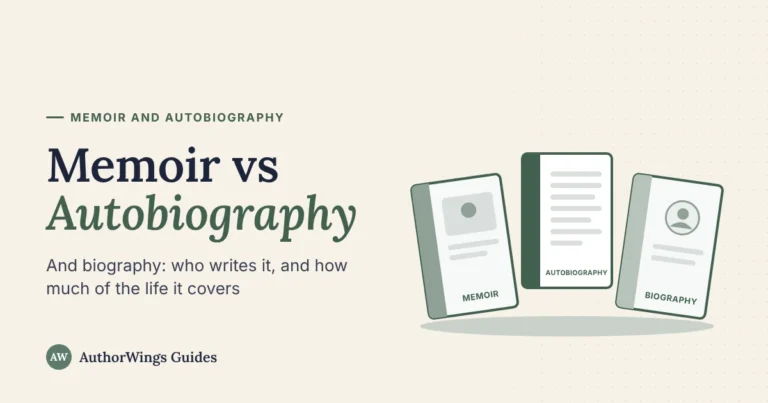 Memoir vs Autobiography guide cover: three books labeled memoir, autobiography and biography