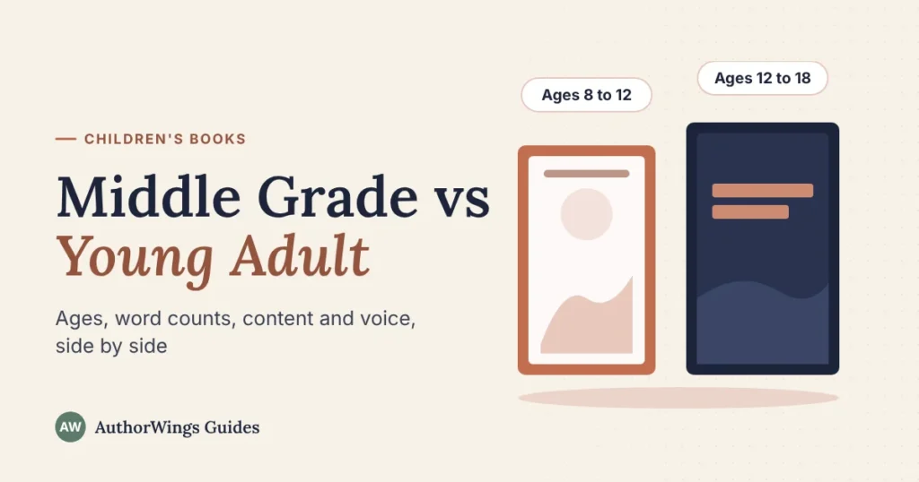 Two book covers side by side, a light illustrated middle grade cover labeled ages 8 to 12 and a dark young adult cover labeled ages 12 to 18