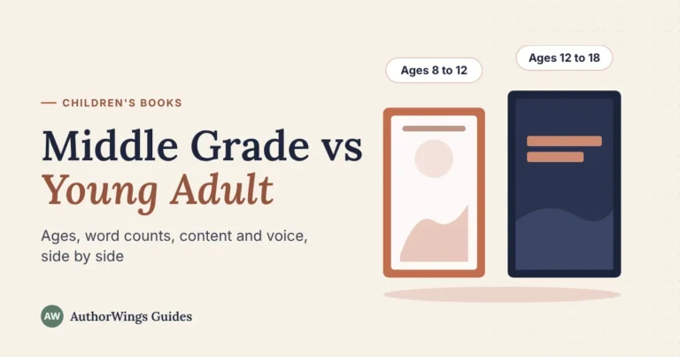 Two book covers side by side, a light illustrated middle grade cover labeled ages 8 to 12 and a dark young adult cover labeled ages 12 to 18