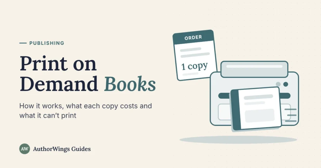 Order ticket for one copy feeding a printer that produces a single book, with the title Print on Demand Books