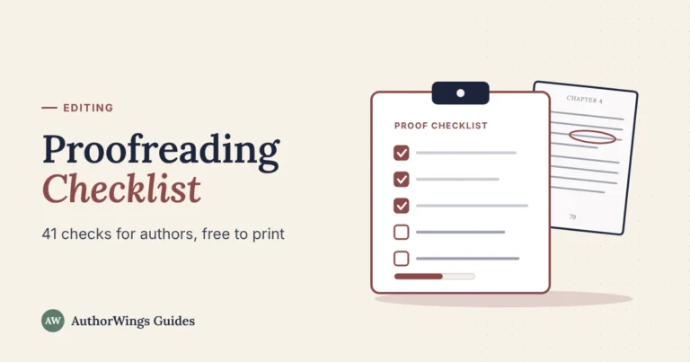 Proofreading Checklist guide cover: a clipboard checklist with three items ticked next to a book proof page with a circled error