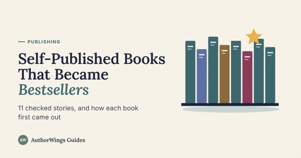 Self-published books that became bestsellers: book spines labelled self-published, online first, family press and paid service