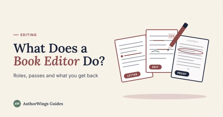 What Does a Book Editor Do guide cover: an editorial letter, an edited page and a marked proof page fanned out with a red pen