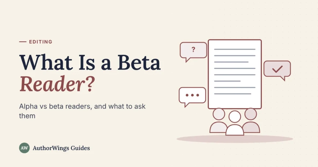 What Is a Beta Reader guide cover: a manuscript page with three readers and speech bubbles showing a question, a tick and a comment