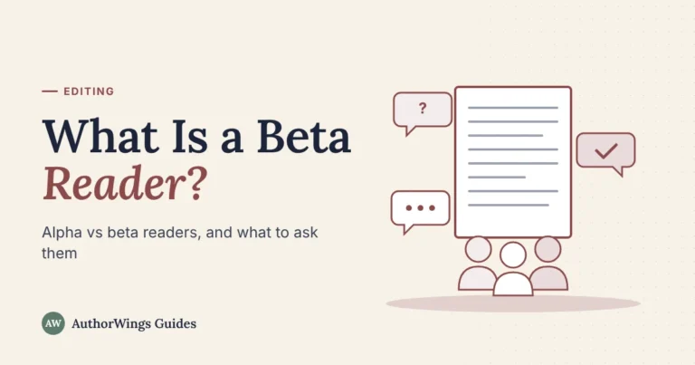 What Is a Beta Reader guide cover: a manuscript page with three readers and speech bubbles showing a question, a tick and a comment