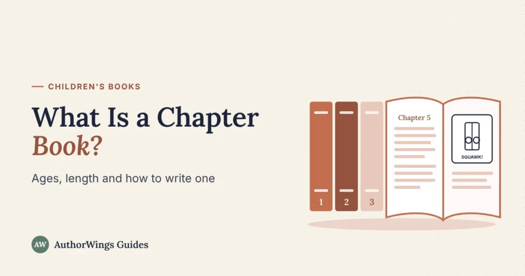 Three numbered chapter book spines beside an open book showing Chapter 5 text and a black-and-white spot illustration
