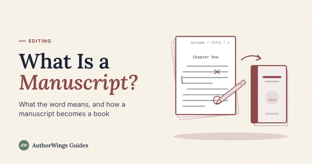 What Is a Manuscript guide cover: a marked-up manuscript page with an editor's pencil, and an arrow to a finished bound book