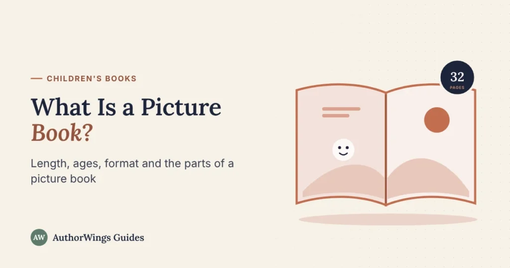 An open picture book with a full-spread illustration and a badge reading 32 pages
