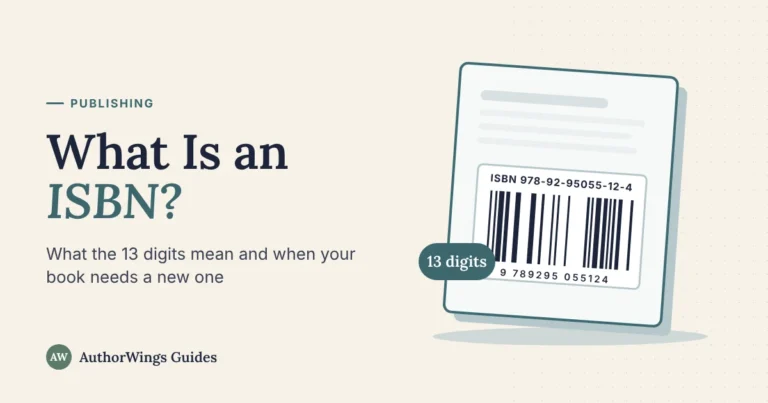 Back cover of a book with an ISBN barcode, labeled 13 digits, beside the title What Is an ISBN?