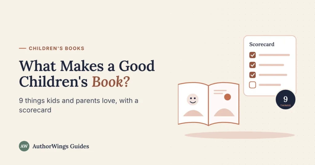 An open picture book beside a scorecard with three ticked boxes and a badge reading 9 things