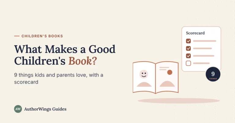 An open picture book beside a scorecard with three ticked boxes and a badge reading 9 things
