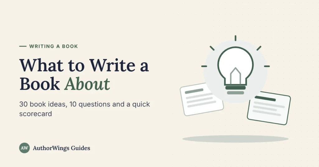 Light bulb with a pencil inside, between two idea cards, on a “What to Write a Book About” title card