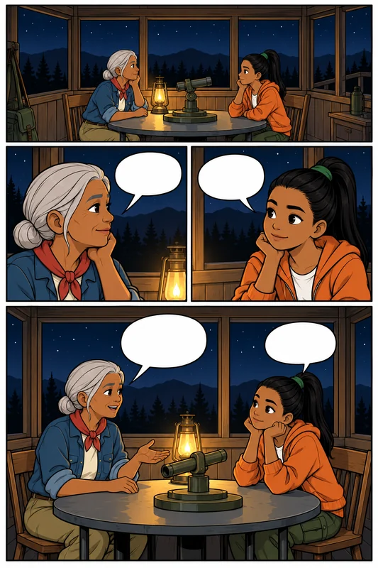 graphic novel page of a grandmother telling her granddaughter a story in a fire lookout at night