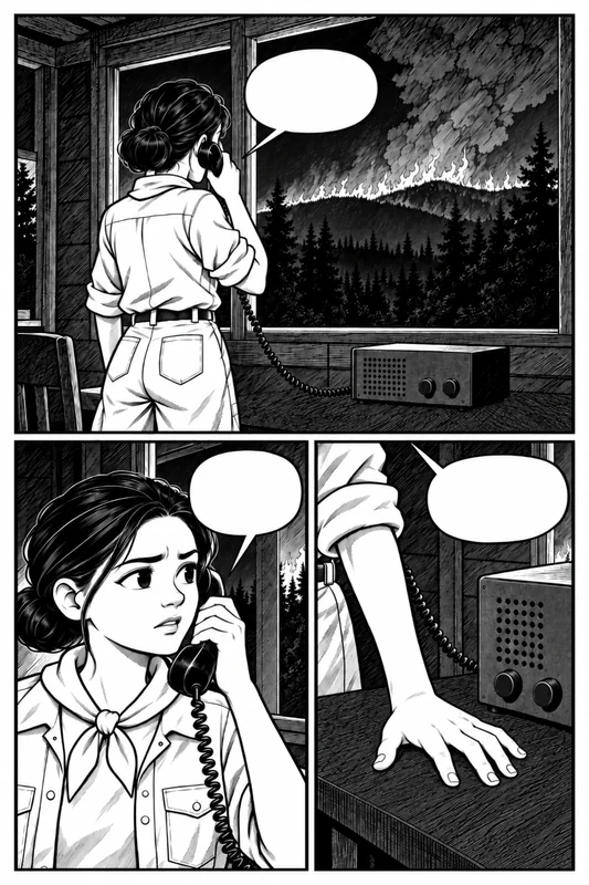 black-and-white graphic novel page of a young fire lookout on the radio as a ridge burns