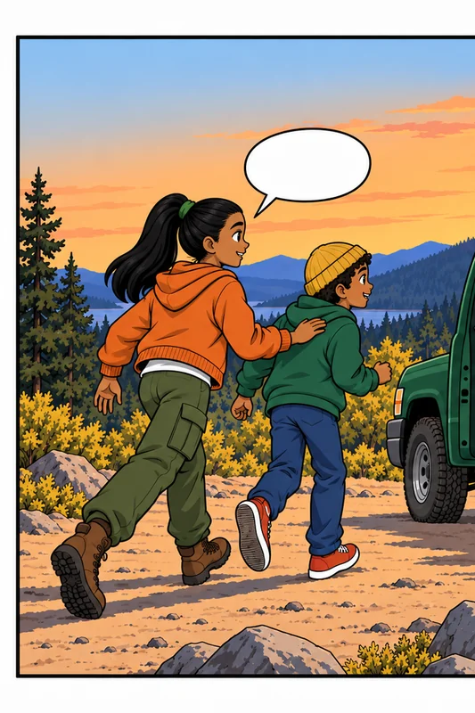 graphic novel spread of a firefighter waving two kids into a truck as a wildfire crests the ridge