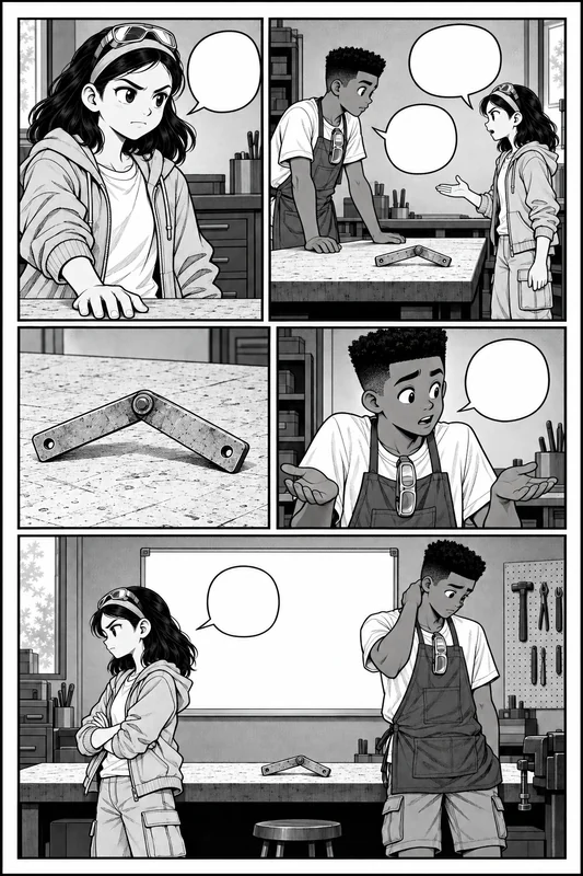 manga page of two robotics teammates disagreeing across a workbench