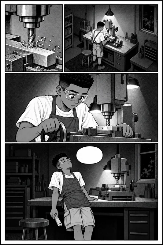 manga page of a student machining a replacement part alone in a workshop at night