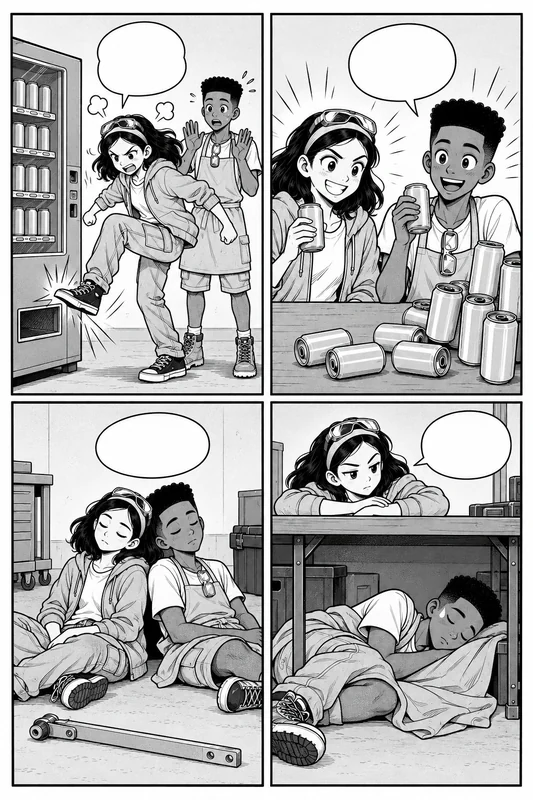 manga page of four comedy panels about a robotics team's late nights