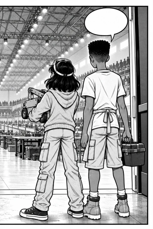 manga spread of two students with their robot at the doors of a huge competition hall
