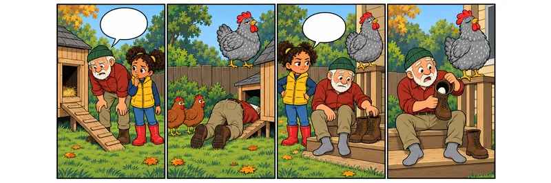 four-panel comic strip of a grandfather finding a missing egg in his boot