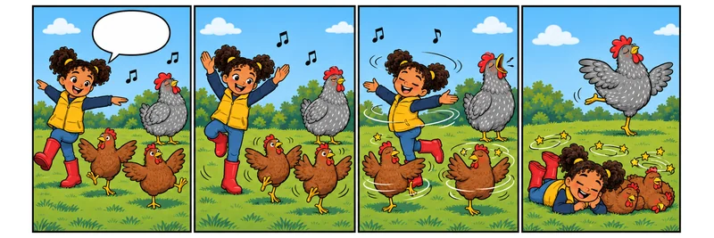 kids comic strip of a girl teaching her hens to dance while the proud one secretly dances best