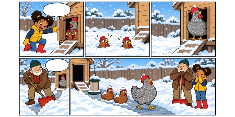 Sunday comic strip of a proud hen refusing to walk in the snow until a path is shoveled for her