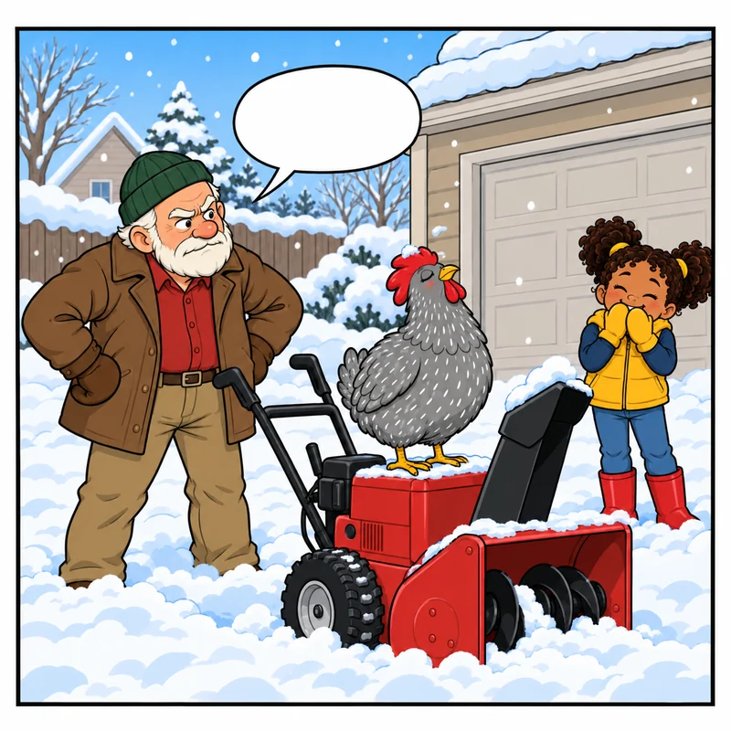 single-panel cartoon of a hen sitting on a snowblower while an annoyed grandfather glares at her