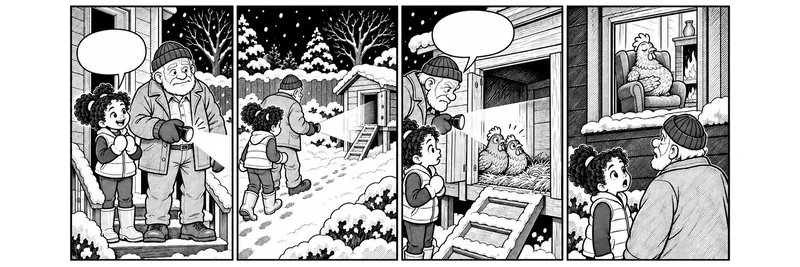 black-and-white comic strip of a hen who moves into the house during a winter power outage