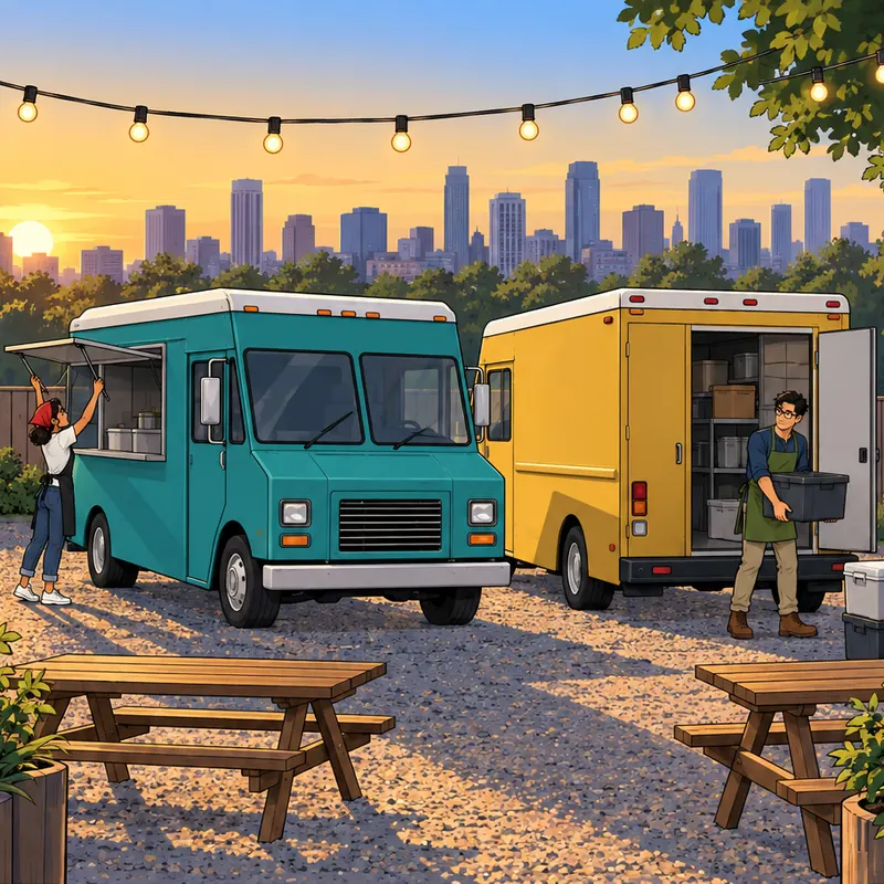 webcomic episode of two rival food trucks opening side by side at dawn