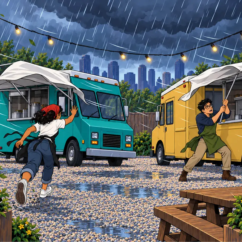 webcomic episode of two food-truck owners holding an awning together in a storm