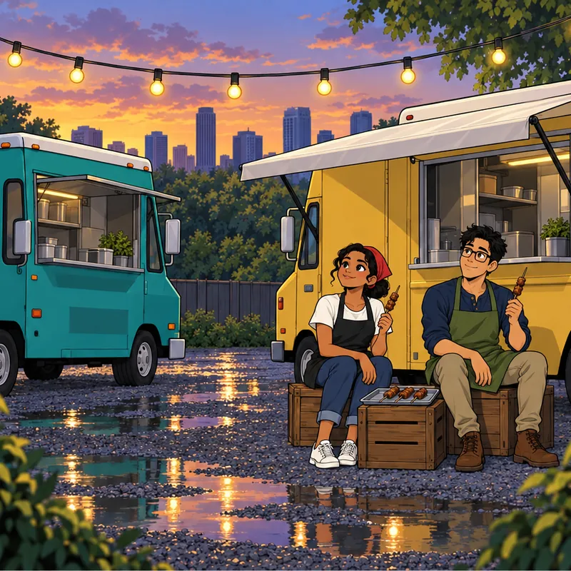 webcomic episode of two food-truck owners sharing dinner under one awning after a storm