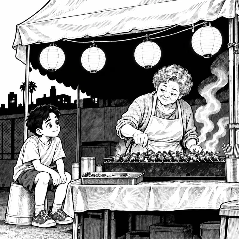 black-and-white webcomic episode of a boy learning to grill at his grandmother's night-market stall
