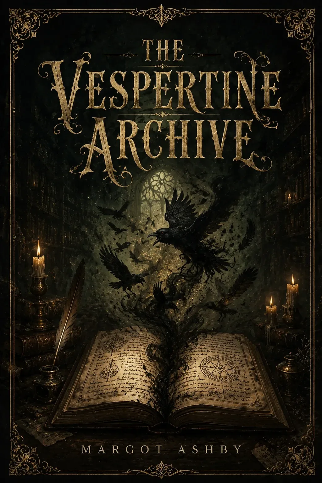 sample fantasy book cover design: The Vespertine Archive, an open spellbook and ravens in candlelight