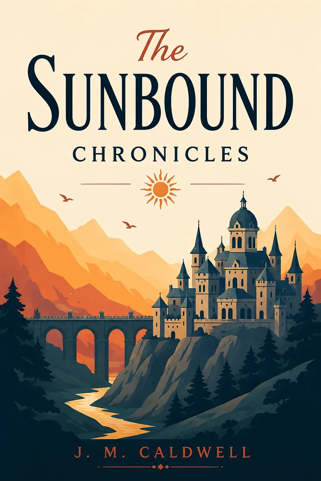 sample fantasy book cover design: The Sunbound Chronicles, a castle on a cliff under a setting sun