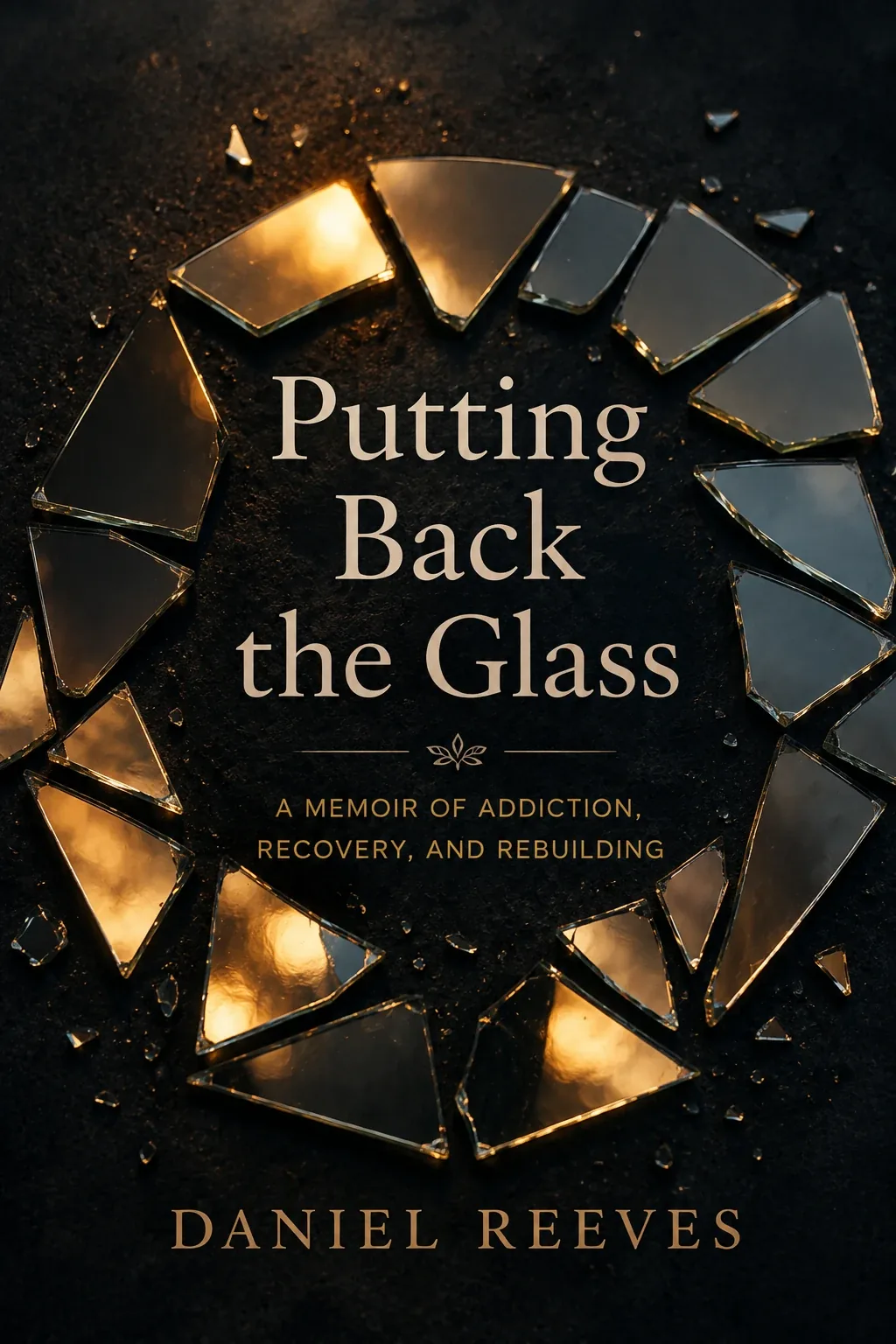 Memoir book cover design sample, Putting Back the Glass: broken glass pieces arranged in a circle on a black background