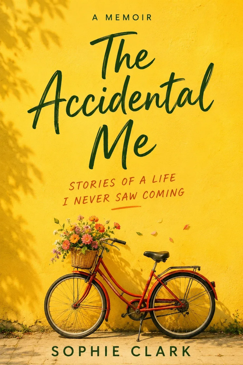Memoir book cover design sample, The Accidental Me: a red bicycle with a basket of flowers against a yellow wall, with a hand-lettered title