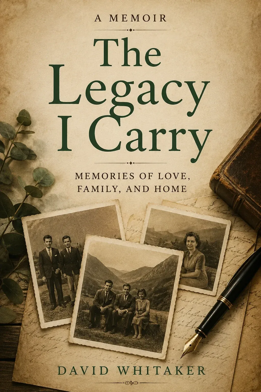 Memoir cover for The Legacy I Carry: old family photographs and a fountain pen on a desk