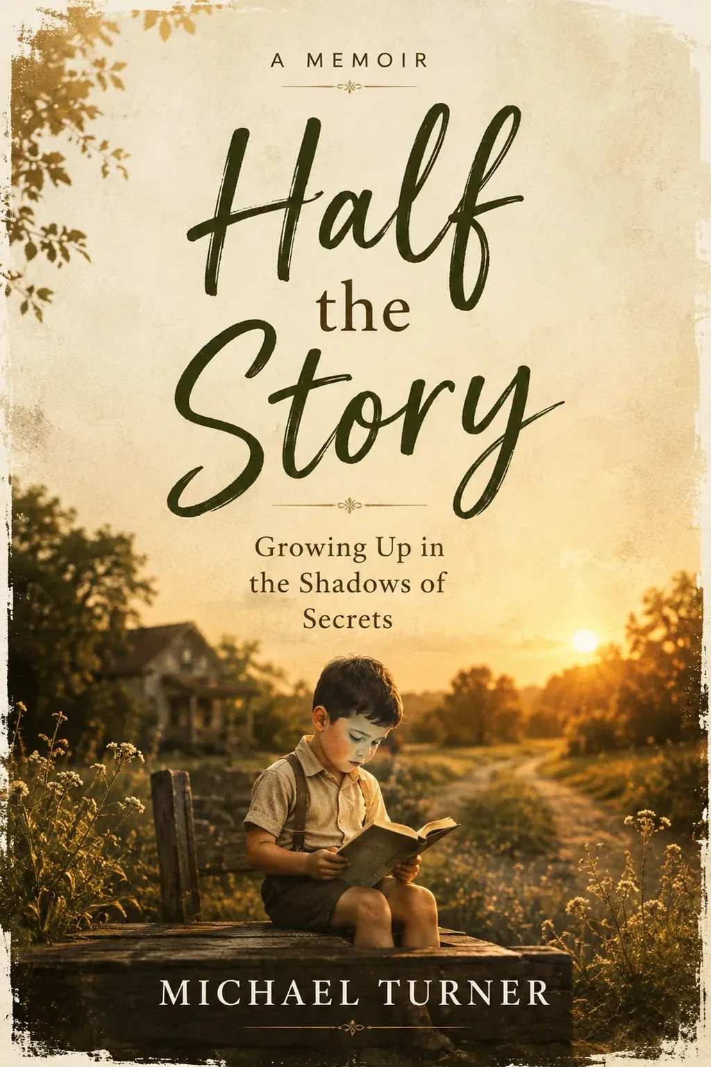 Memoir cover for Half the Story: a boy reading a book outdoors at golden hour