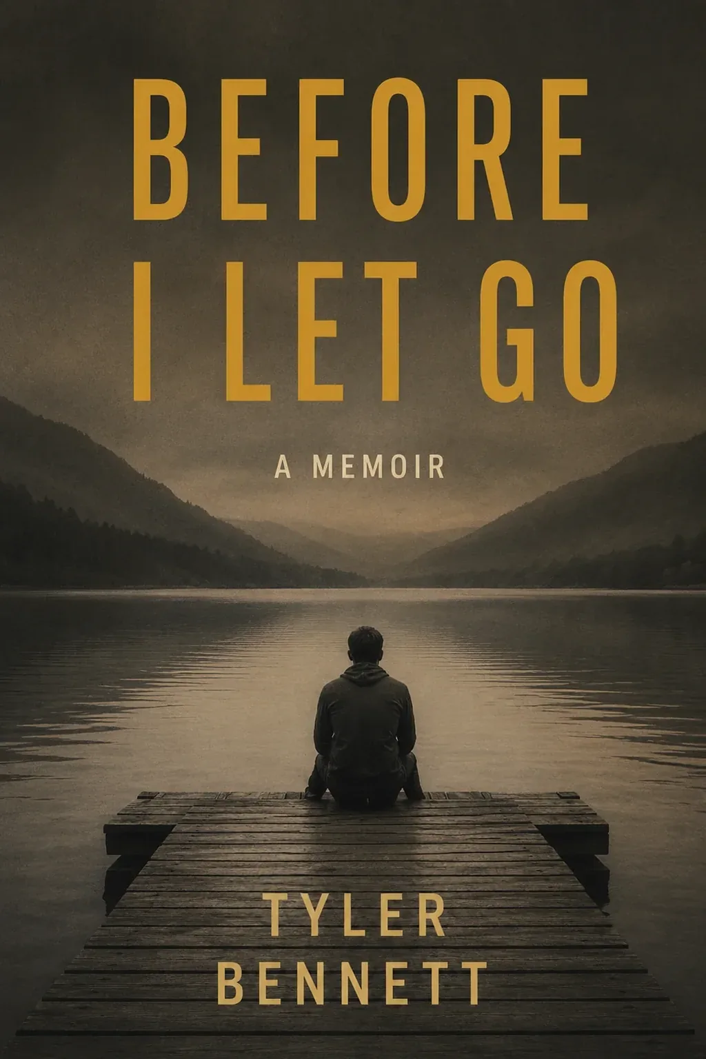 Memoir cover for Before I Let Go: a figure sitting at the end of a dock on a misty lake