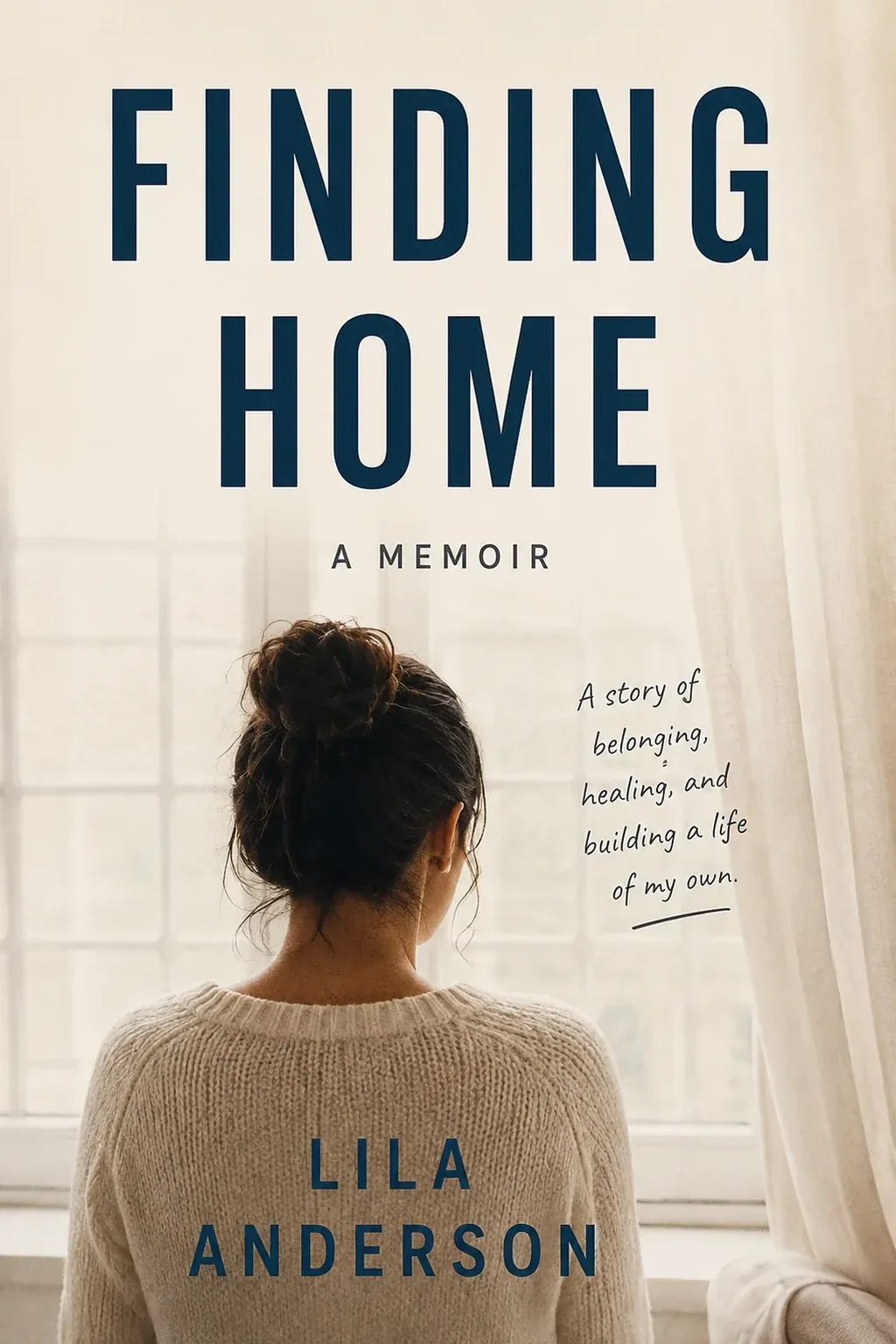 Memoir cover for Finding Home: a woman seen from behind at a window with sheer curtains