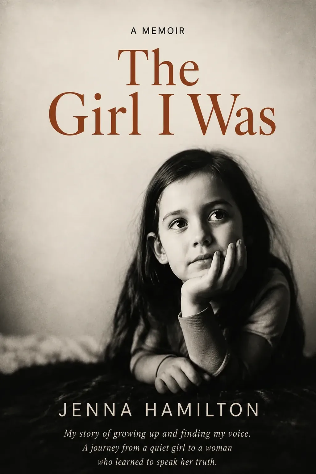Memoir cover for The Girl I Was: a black-and-white photo of a young girl resting her chin on her hand