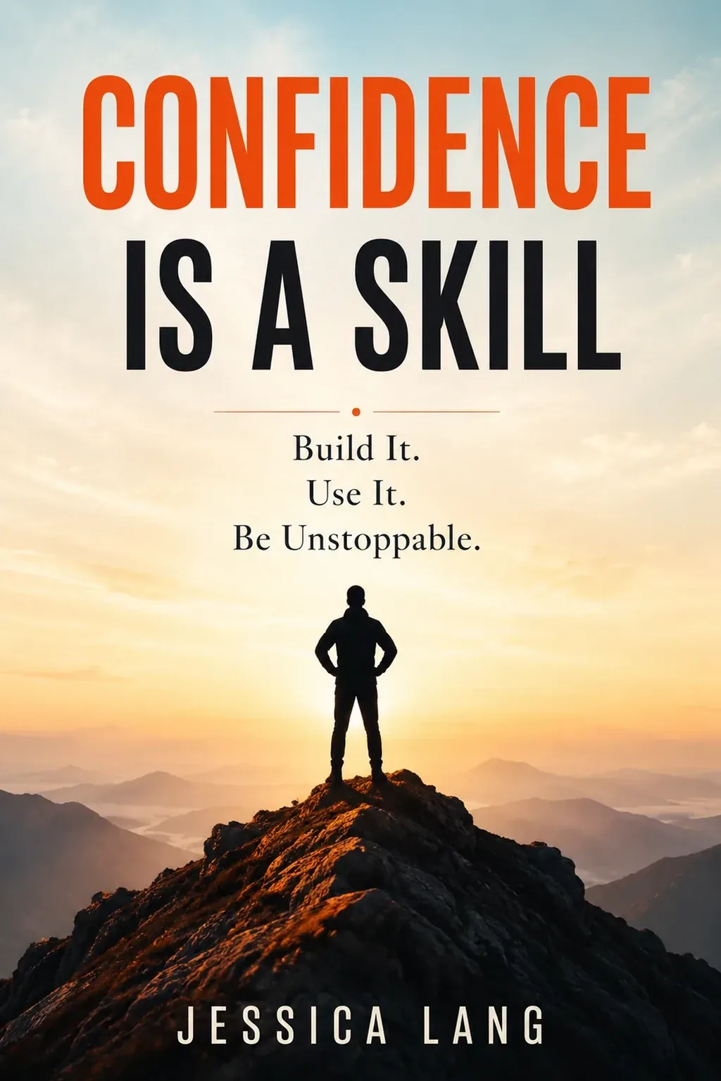 Confidence Is a Skill self-help book cover: a person standing on a mountain peak at sunrise