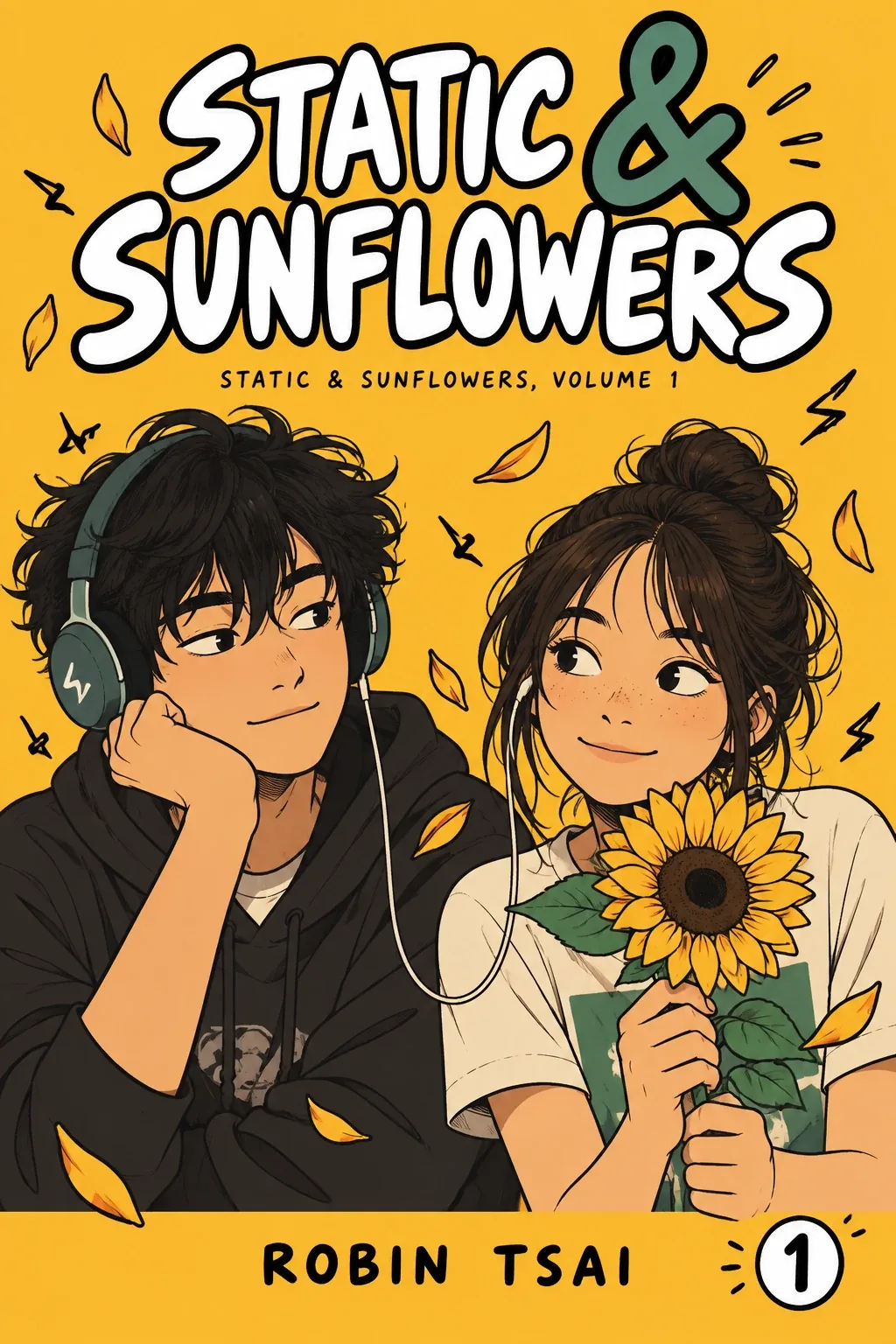 sample young adult book cover design: Static and Sunflowers, two illustrated teens with headphones and a sunflower